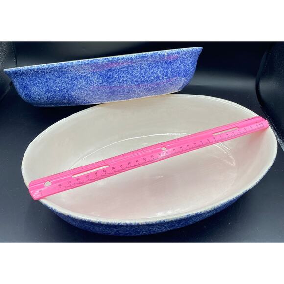 VTG ceramic serving dish bowl Blue Large Spongeware heavy stoneware - Picture 2 of 5